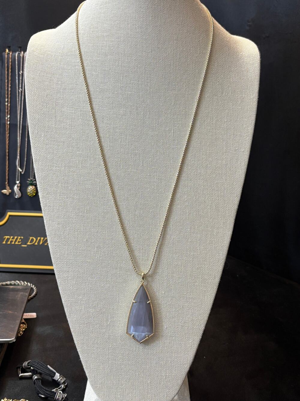 Kendra Scott Gold Tone Geometric Stone Pendant Necklace Long Chain NWOT